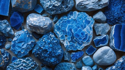 Poster - Assorted collection of blue gemstones and minerals arranged on a flat surface with textures and patterns Copy Space