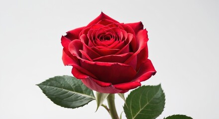 Poster - Red rose flower with green leaves on a white background isolated with copy space for text or graphics