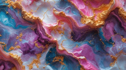 Leinwandbilder - Colorful abstract agate stone background featuring pink, blue, and gold elements with fluid patterns and textures, suitable for various designs. Copy Space