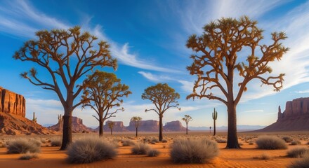 Poster - Desert landscape with unique trees against blue sky and distant rock formations showcasing natural beauty and diverse vegetation Copy Space