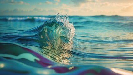 Aufkleber - Close-up view of ocean wave with splashes and reflections during sunset with colorful surface details and gentle lighting Copy Space