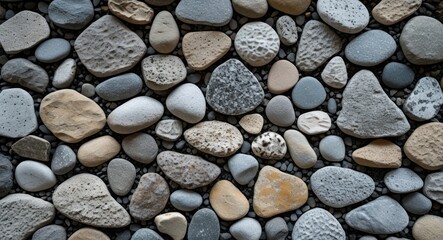 Aufkleber - Variety of smooth pebbles and stones in natural colors arranged on a flat surface with textured patterns Copy Space