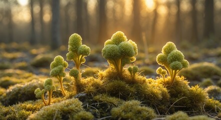 Aufkleber - Green moss and sprouts in a forest during sunrise capturing soft light in a natural setting with copy space available