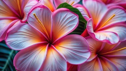 Aufkleber - Colorful hibiscus flowers with pink and orange petals and yellow stamens surrounded by green leaves. Copy Space.
