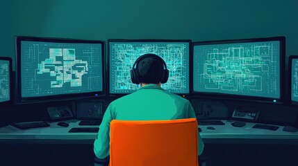 Aufkleber - Person Wearing Headphones Working on Multiple Computer Monitors with Digital Graphics in Dark Environment