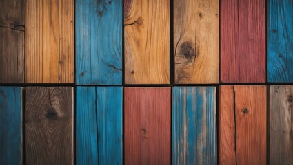 Aufkleber - Colorful wooden planks arranged in a pattern with various shades of brown, blue, orange, and red, suitable for backgrounds, Copy Space