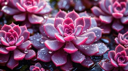 Poster - Vibrant pink succulents with water droplets on petals in a garden setting showcasing natural beauty and detail Copy Space