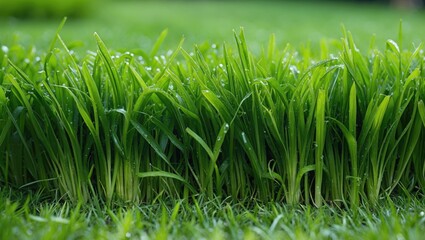 Poster - Lush green grass with dew droplets in a well-maintained lawn with natural bokeh background and ample copy space