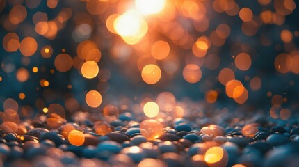 Aufkleber - Blurred background of pebbles with warm bokeh lights creating an atmospheric feel shimmering in sunlight Copy Space