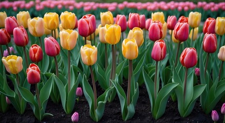 Poster - Colorful tulip field with vibrant red yellow and pink flowers in full bloom against dark soil background suitable for floral themes Copy Space