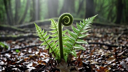 Aufkleber - Fern sprouts in a lush forest under soft sunlight during the early morning hours