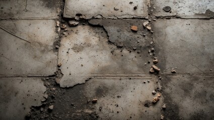 Poster - Grungy concrete floor with cracks and debris scattered across the surface showcasing weathered tiles and texture with Copy Space.