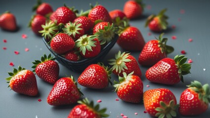 Aufkleber - Fresh ripe strawberries scattered around a small basket on a gray background with decorative red edible sprinkles and copy space