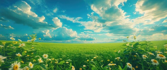 Poster - Lush green field with wildflowers under a bright blue sky filled with fluffy clouds and vibrant sunlight Copy Space