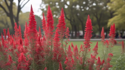 Poster - Bright red astilbe flowers in a lush green park with blurred background showcasing trees and vibrant foliage Copy Space