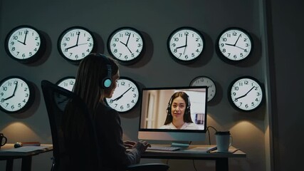 Poster - remote work setup for virtual meetings with multiple time zones highlighted by clocks