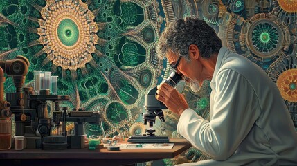 Poster - A microbiologist analyzing viral samples under a microscope, studying their structure, replication process, and potential for developing new antiviral treatments