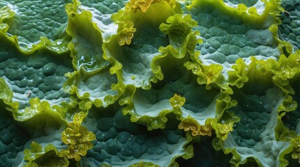 Poster - Close-up of vibrant green water lily leaves with intricate textures and rippled edges, suitable for nature and botanical themes. Copy Space