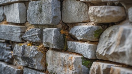 Aufkleber - Close-up of a textured stone wall featuring varying sizes of gray and beige stones with moss and vines visible in the crevices Copy Space