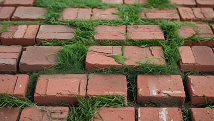 Poster - Laying bricks with grass growing between them detailed view of an outdoor walkway with natural elements and textured surface Copy Space