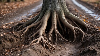 Aufkleber - Tree roots visible in soil along a rural path with autumn leaves scattered on the ground and a blurred background of trees Copy Space