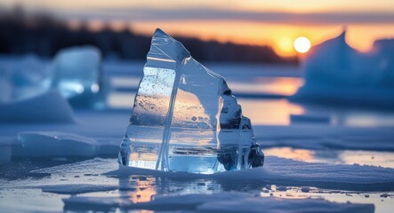 Poster - Iceberg fragment on frozen lake at sunset with soft colors in the sky and reflections on the water Copy Space