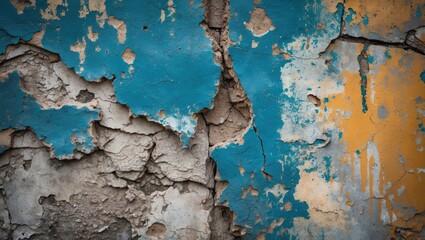 Poster - Textured grunge wall with cracked blue and yellow paint revealing grey concrete underneath ideal for backgrounds and design purposes Copy Space