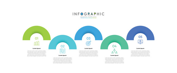 Fototapete - 5 Steps Infographic five steps are arranged horizontally from left to right, promoting a clear, linear progression. Instructional graphics with 5 steps sequence design for web pages