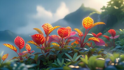 Poster - Vibrant tropical foliage with red and yellow leaves in a misty mountainous landscape during daylight ideal for nature themes Copy Space