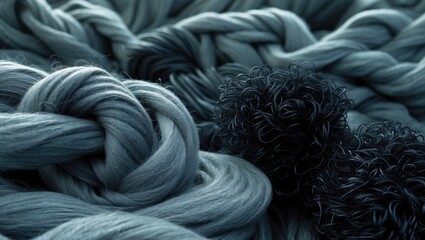 Aufkleber - Textured close-up of braided and curled fabric strands in shades of blue and black with soft lighting and Copy Space.