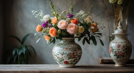 Poster - Colorful floral arrangement in ornate vase with greenery on wooden table with plants in the background Copy Space