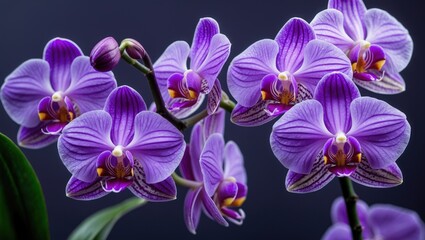 Poster - Purple orchid flowers with intricate details and deep color against a dark background with Copy Space