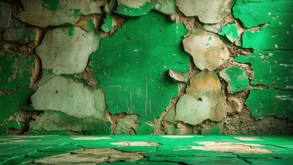 Poster - Peeling green paint on cracked walls and floor in a deteriorating interior space with textured surfaces and natural lighting