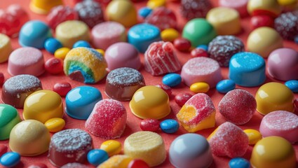 Poster - Colorful assortment of assorted candies on vibrant background with plenty of Copy Space for text insertion