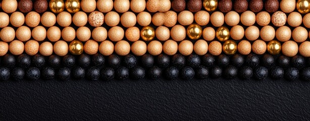 Aufkleber - Colorful arrangement of wooden beads on black background with varying textures and tones in a stylish design