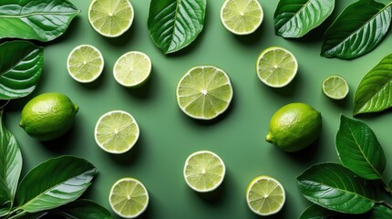 Poster - Fresh green limes and leaves arranged on a green background with circular lime slices and copy space for text placement