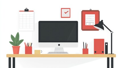 Poster - A minimalist desk setup for a low-waste lifestyle, including a digital calendar, reusable office supplies, and a sustainable choice of furniture and decor