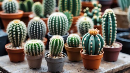 Aufkleber - Variety of cacti in pots displayed on a table in a greenhouse setting with focus on unique shapes and textures Copy Space