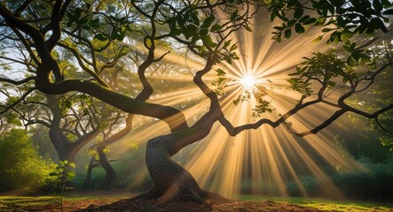 Poster - Sunlight streaming through branches of an ancient tree creating dramatic rays in a lush forest setting, vibrant colors, natural landscape, Copy Space