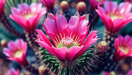 Poster - Colorful pink cactus flowers with sharp spines in a desert setting demonstrating vibrant natural beauty with Copy Space