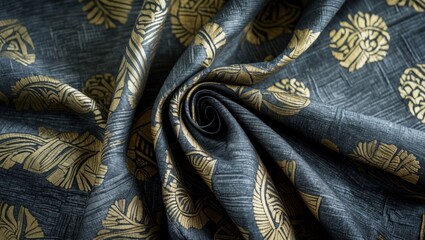 Aufkleber - Black and gold patterned fabric swirl with intricate floral design and textured background, suitable for textile and fashion applications, Copy Space