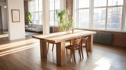 Poster - A minimalist dining table made from reclaimed wood, set in a spacious, airy living room