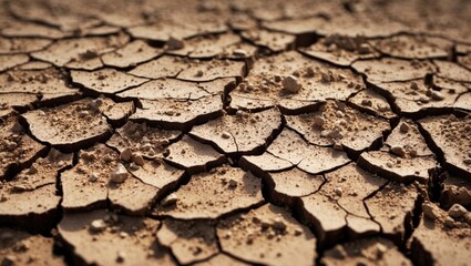 Poster - Dry cracked earth surface with exposed soil and small stones texture, indicating drought conditions and environmental challenges. Copy Space