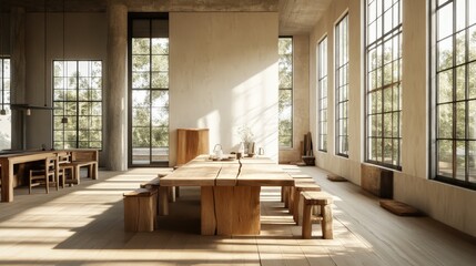 Poster - A minimalist dining table made from reclaimed wood, set in a spacious, airy living room