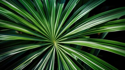 Poster - Close-up of a tropical plant leaf with long green leaves radiating from the center Copy Space