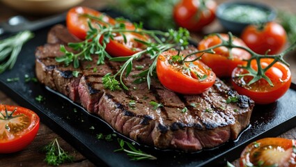 Poster - Grilled steak with sliced tomatoes and fresh herbs on a black slate plate with rustic wooden background Copy Space