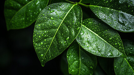 Sticker - Lush green leaves glistening with raindrops showcase nature's beauty and freshness after the rain, vibrant & refreshing.