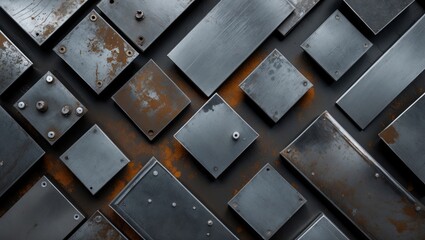 Poster - Rusty metallic plates arranged in a geometric pattern with varying sizes and textures against a dark background Copy Space