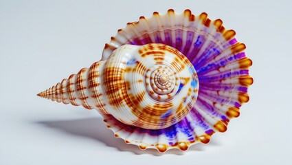 Poster - Close-up view of a colorful tropical seashell with intricate patterns on a white background, ideal for marine or nature themes, Copy Space
