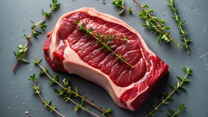 Poster - Raw beef steak with marbling on grey background surrounded by fresh herbs and spices, Copy Space